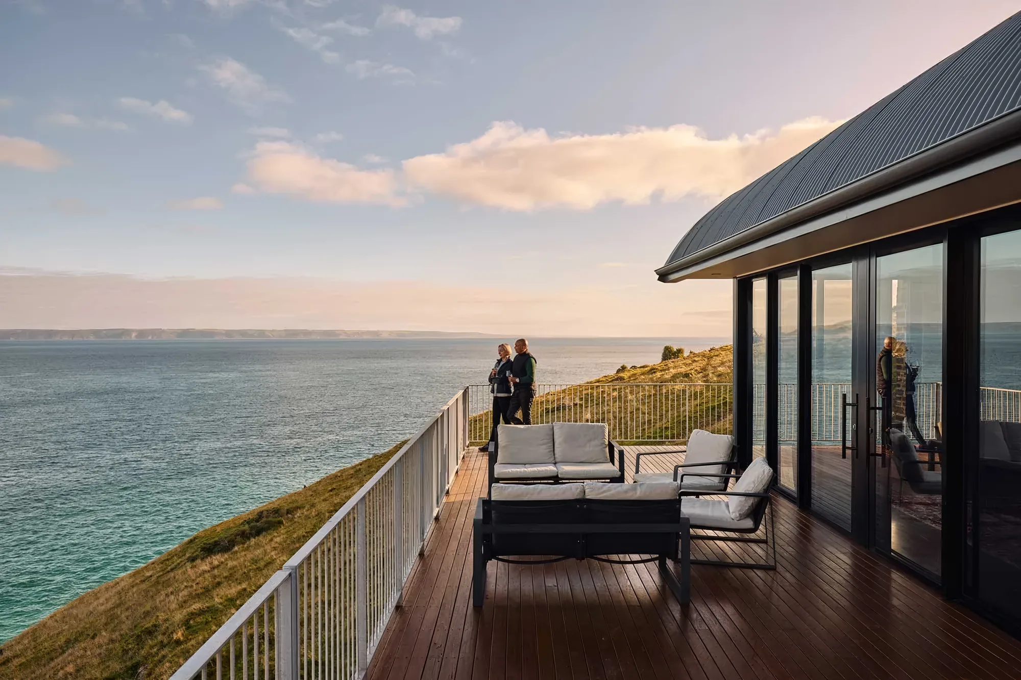 The deck and railing above the Southern Ocean