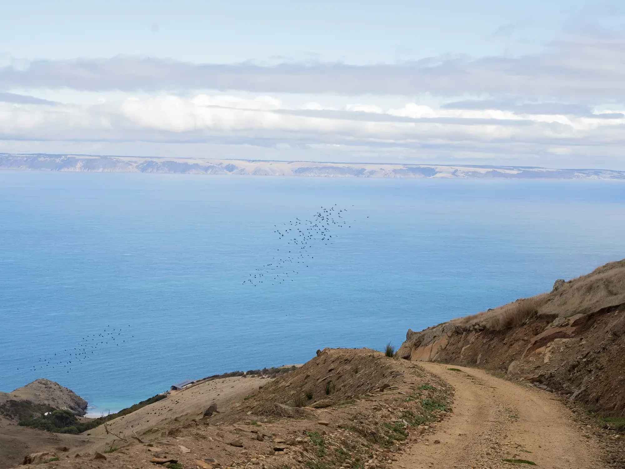 The track down toward the sea with Kangaroo Island on the horizon