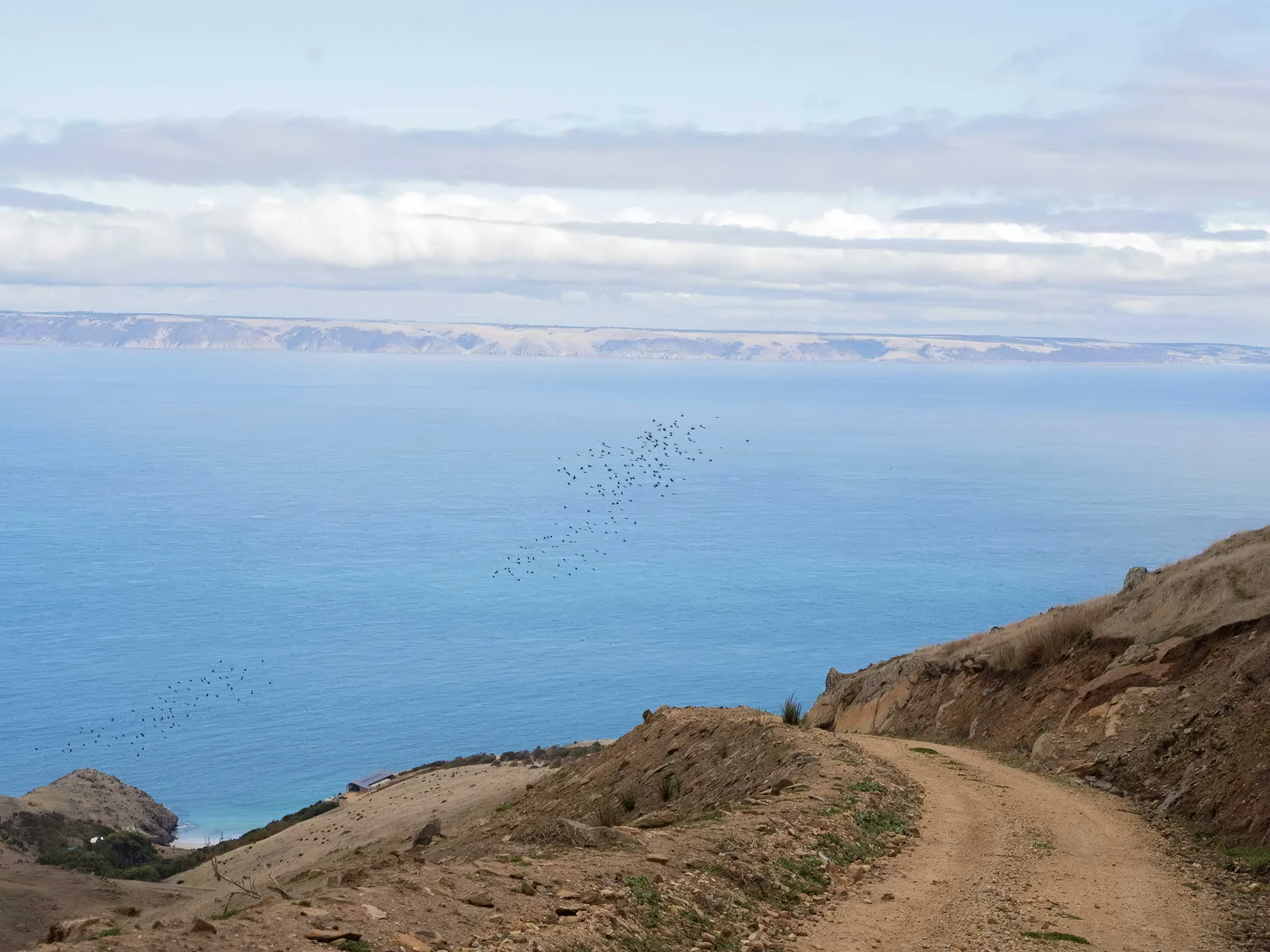 The track down toward the sea with Kangaroo Island on the horizon