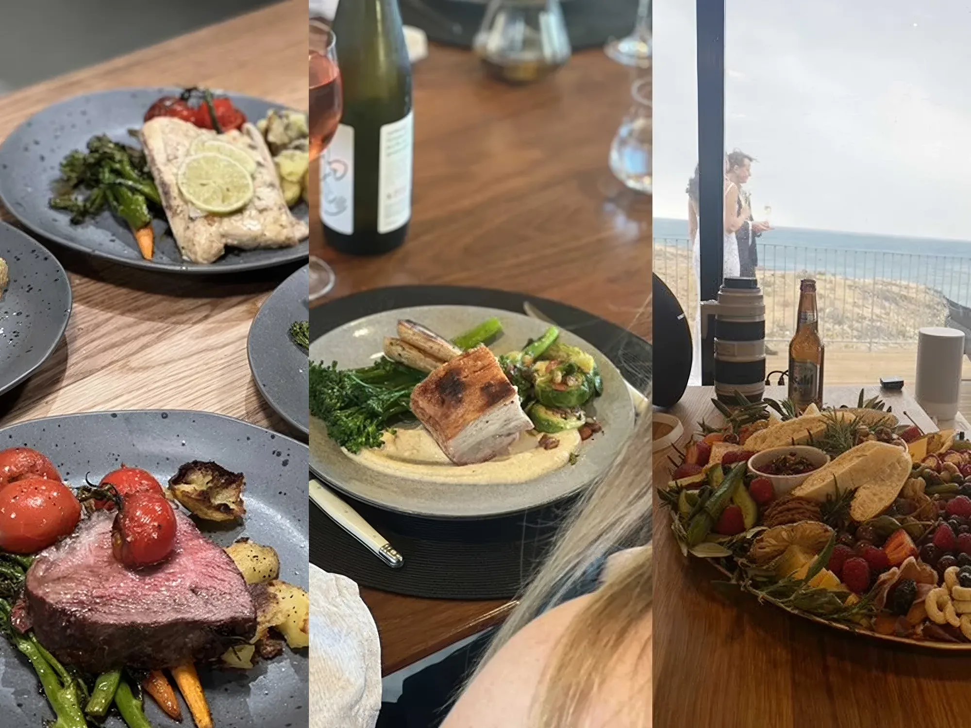 A catered meal laid out with the ocean beyond