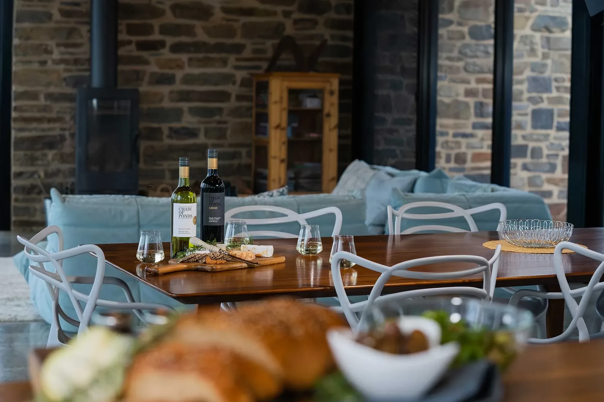 Wine and food set on the dining table