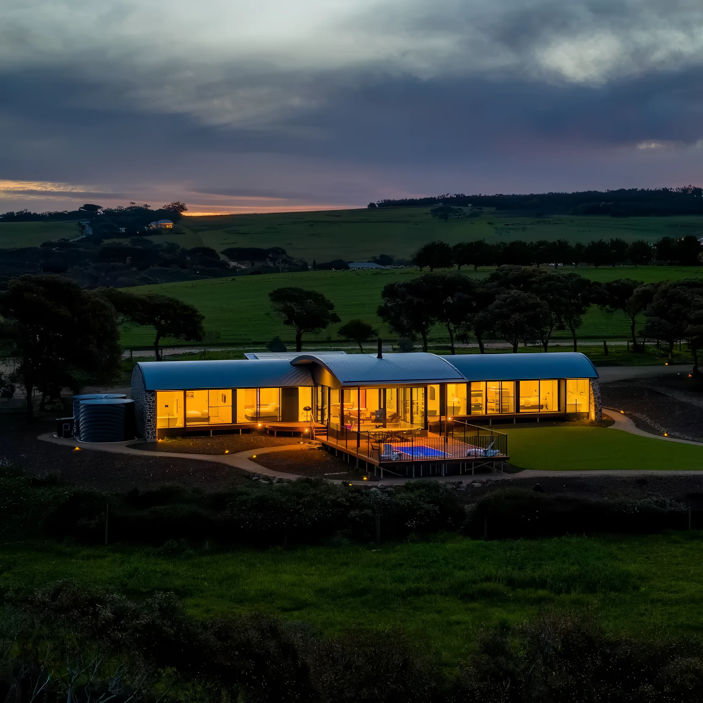 The Villa lit at dusk within the surrounding farmland