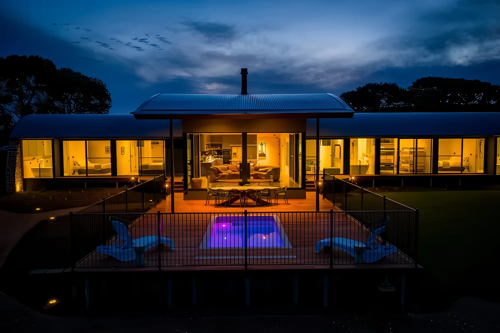 The Villa glowing at blue hour above Encounter Bay