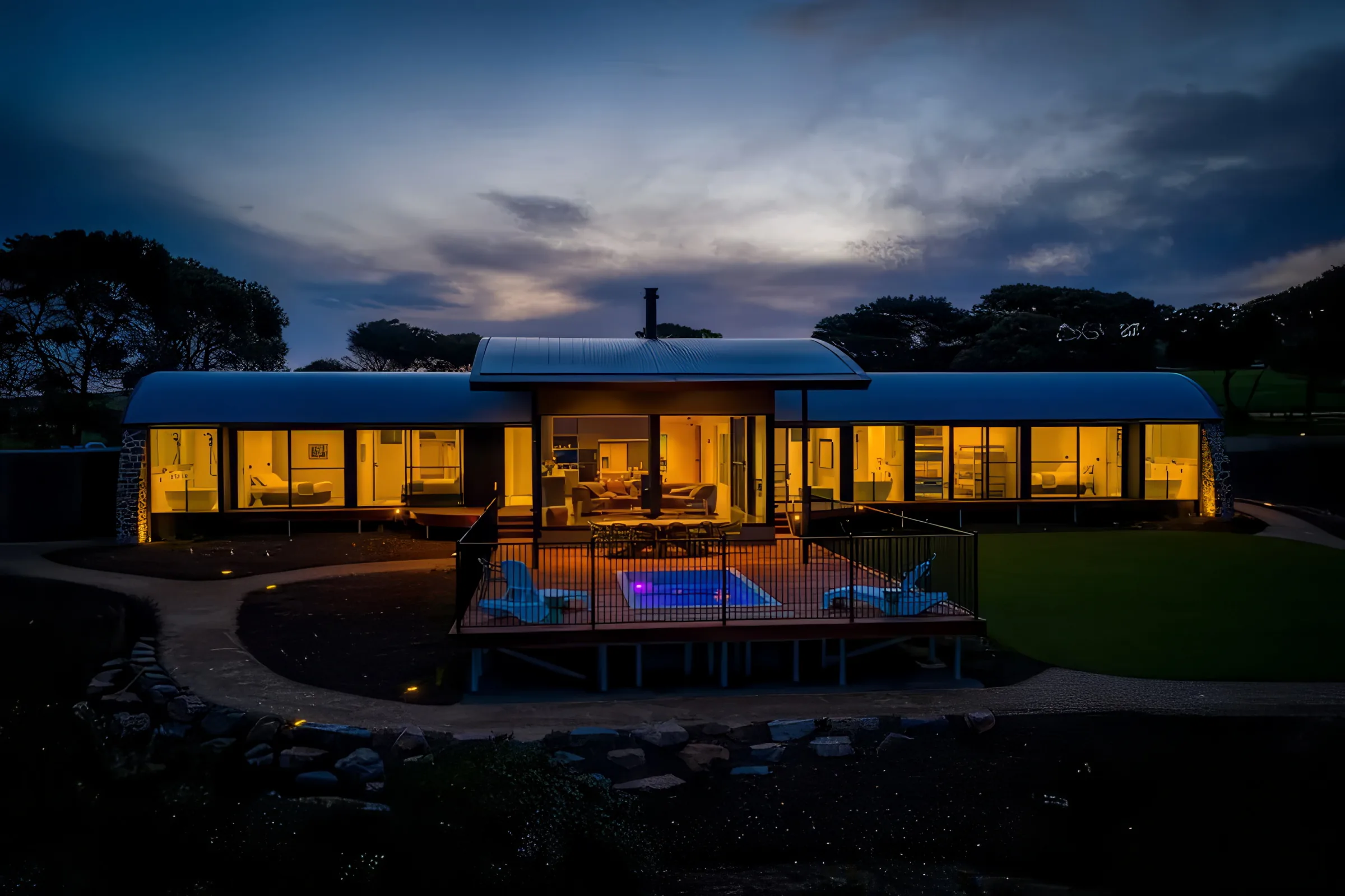 The Villa at Naiko at the Bluff lit at dusk, its pool glowing beside the deck