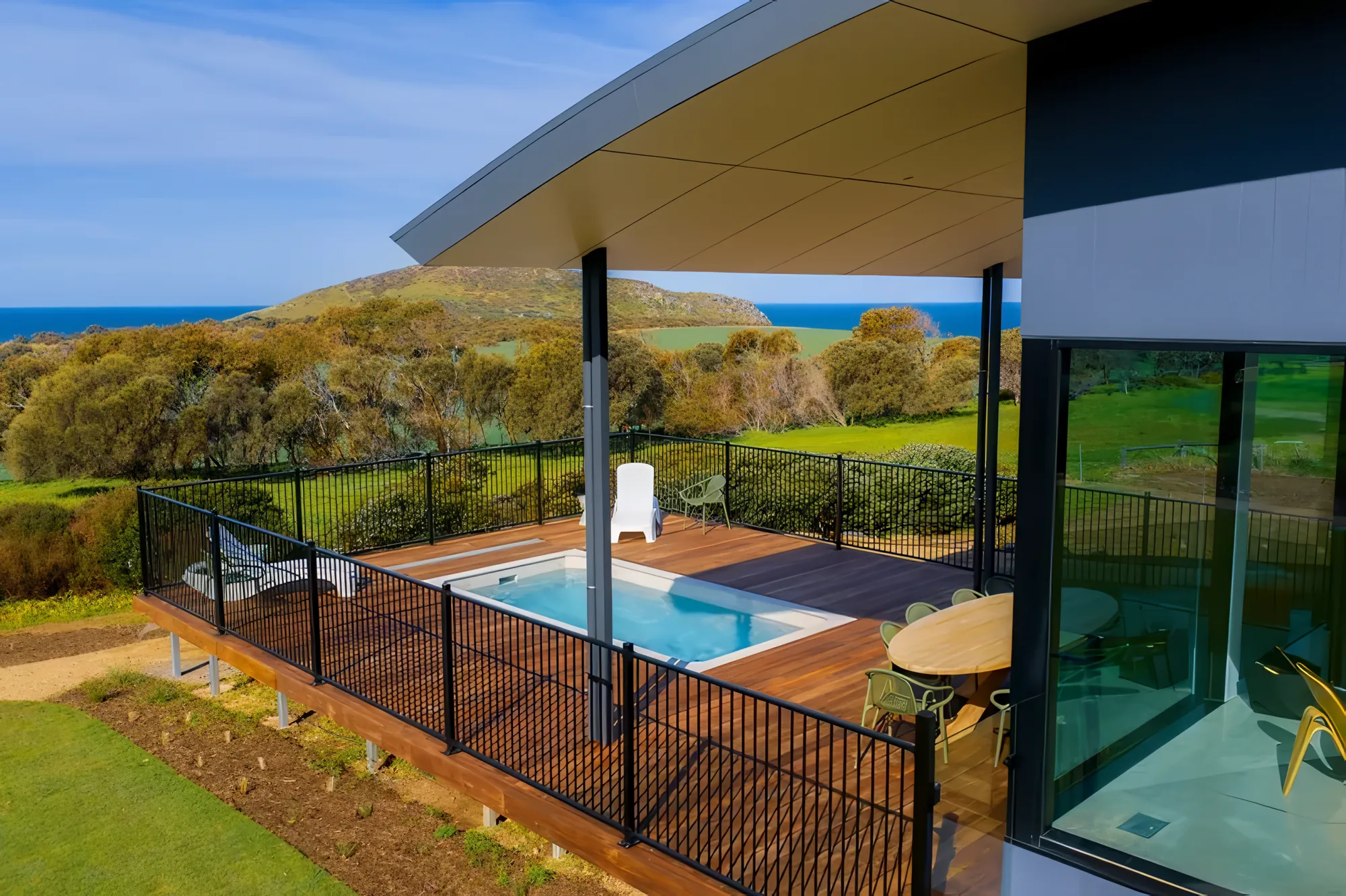 The pool and deck looking out over Encounter Bay