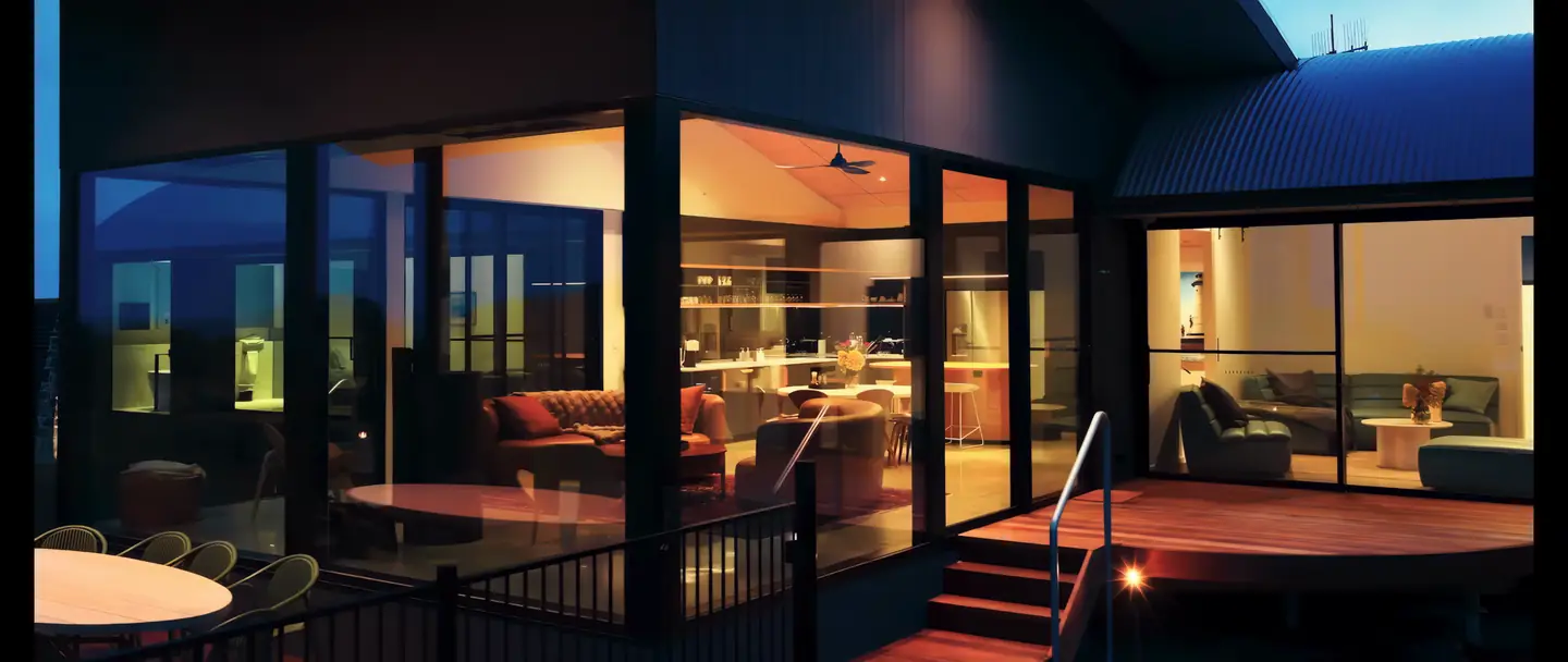 The Villa at Naiko at the Bluff after dark, lit from within, the pool glowing on the deck